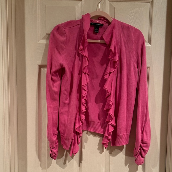 INC International Concepts Sweaters - INC International Concepts Pink Ruffle-Front Cardigan